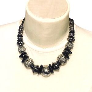 Chunky Silver Black Beaded Necklace Bold Elements Whimsigoth Statement